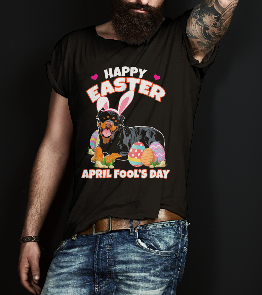 Happy Easter April Fool's Day Funny Rottweiler With Bunny Ears And Colorful Eggs T-Shirt