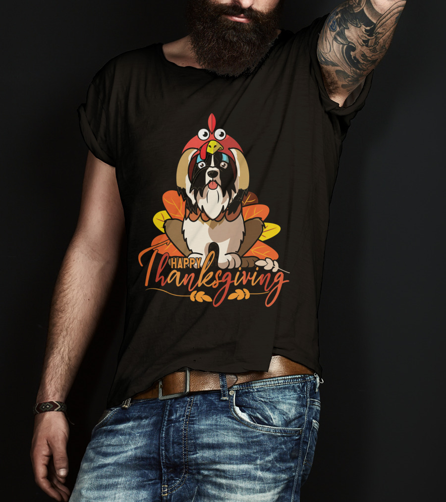 Happy Thanksgiving Shih Tzu In Turkey Costume With Leaves T-Shirt