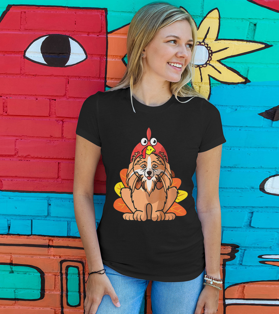Happy Thanksgiving Pomeranian Turkey Dog With Colorful Feathers T-Shirt