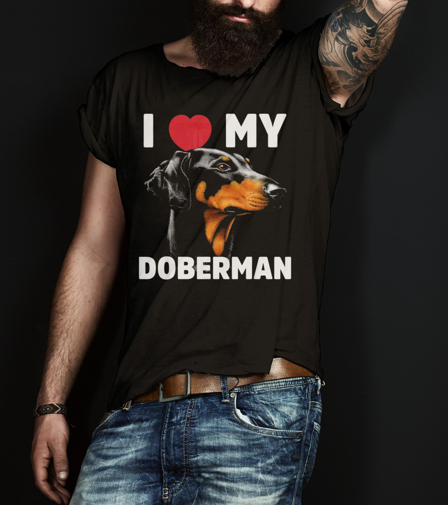 I Love My Doberman Heart Black Background Realistic T-Shirt