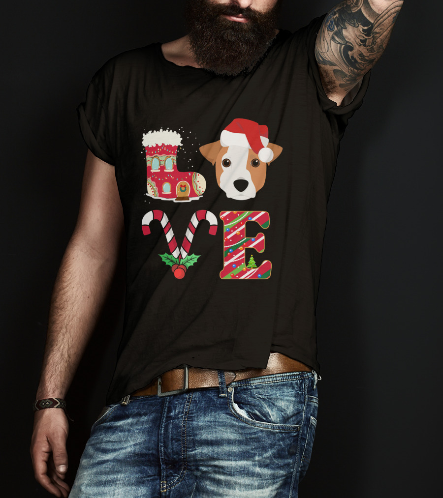 I Love My Jack Russell Terrier Christmas Holiday Santa Hat Candy Cane Gingerbread Boot T-Shirt