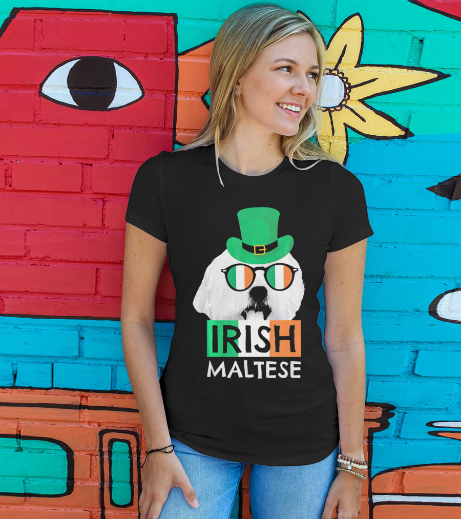 Irish Maltese St Patricks Day Dog Wearing Shamrock Hat And Glasses T-Shirt