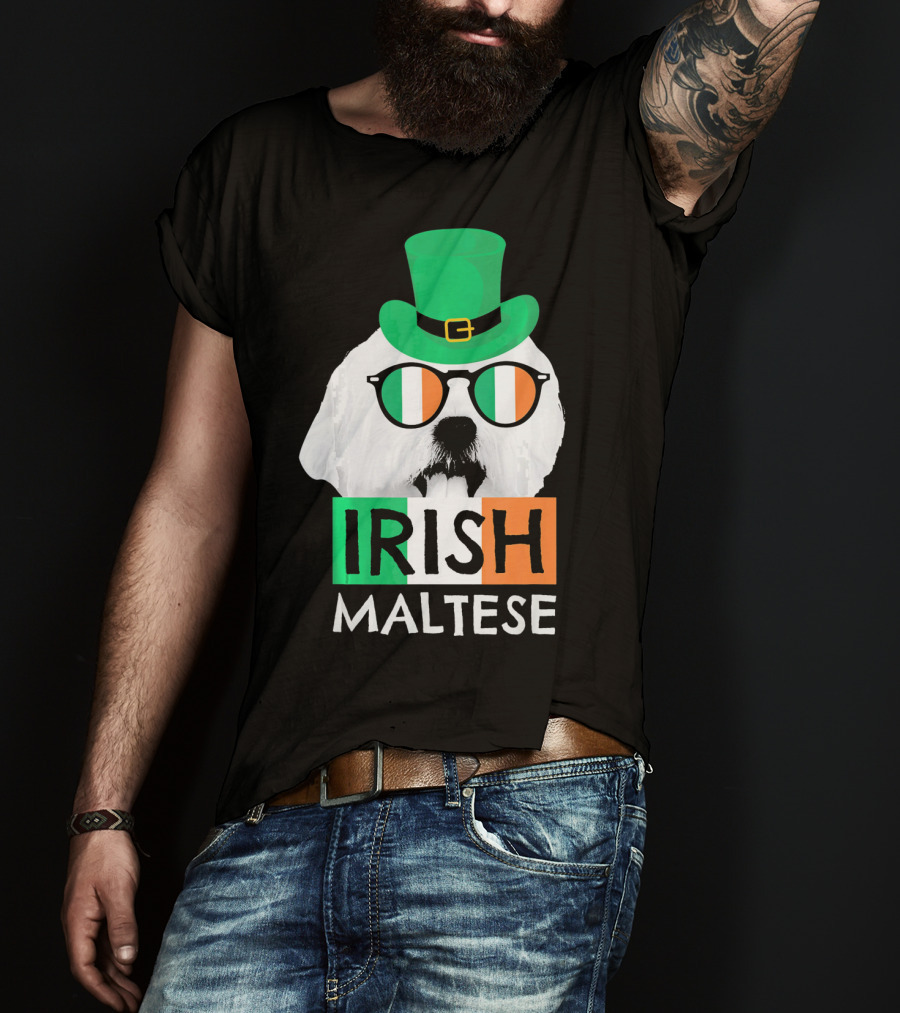 Irish Maltese St Patricks Day Dog Wearing Shamrock Hat And Glasses T-Shirt