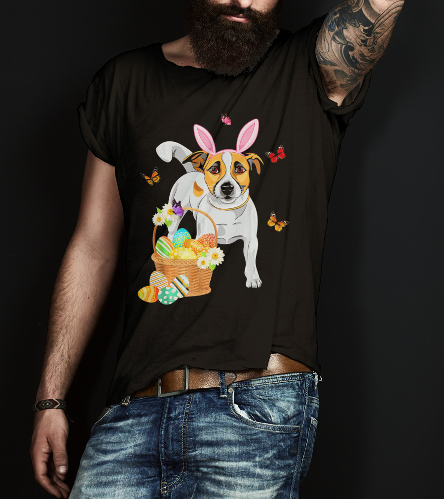 Jack Russell Bunny Hat Easter Eggs Basket Butterflies T-Shirt