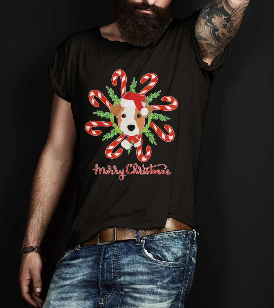 Merry Christmas Jack Russell Candy Cane Wreath T-Shirt