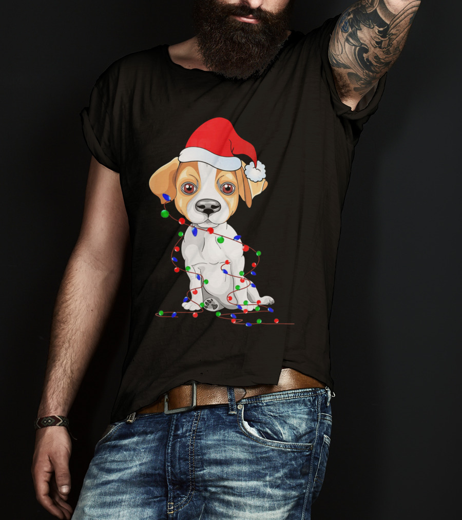 Jack Russell Christmas Lights Decoration Santa Hat T-Shirt