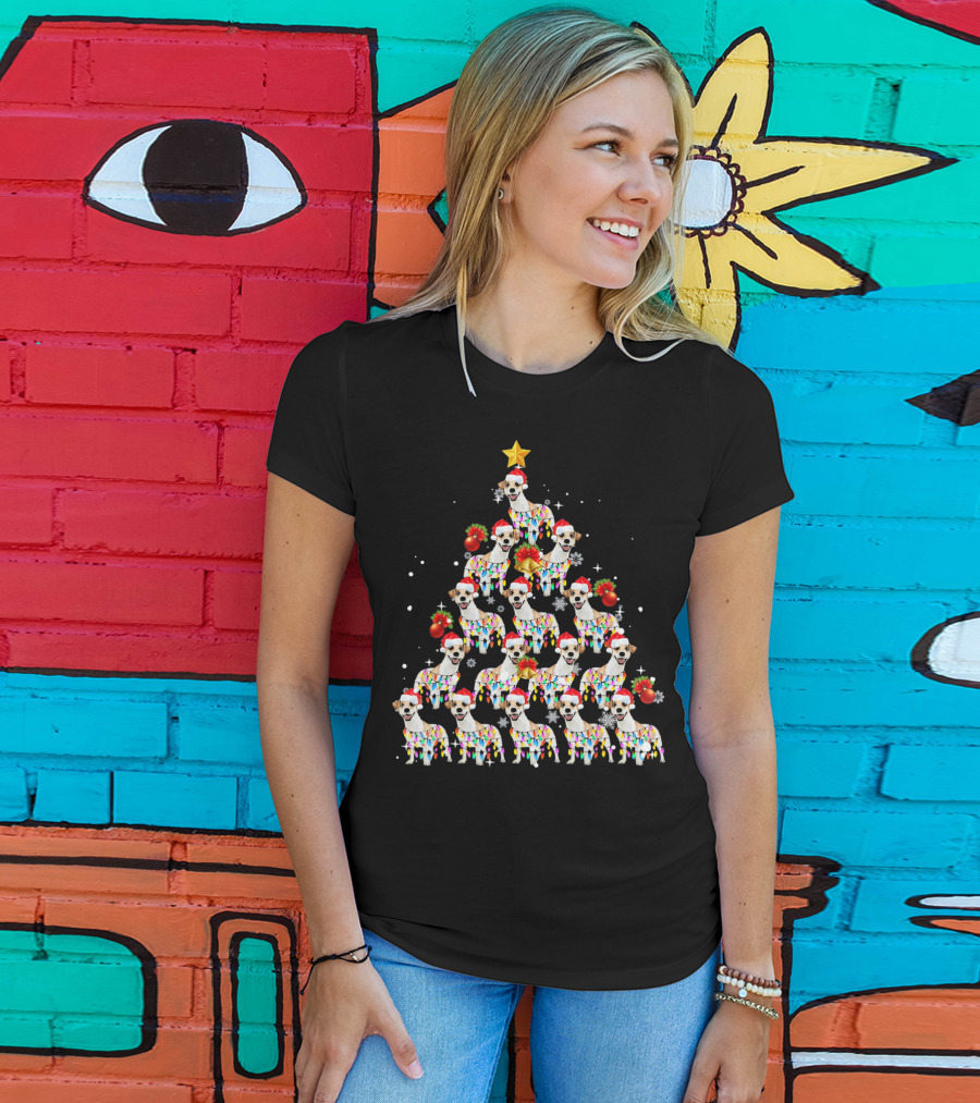 Jack Russell Dog With Santa Hat And Christmas Lights In Tree Shape With Star Decoration T-Shirt