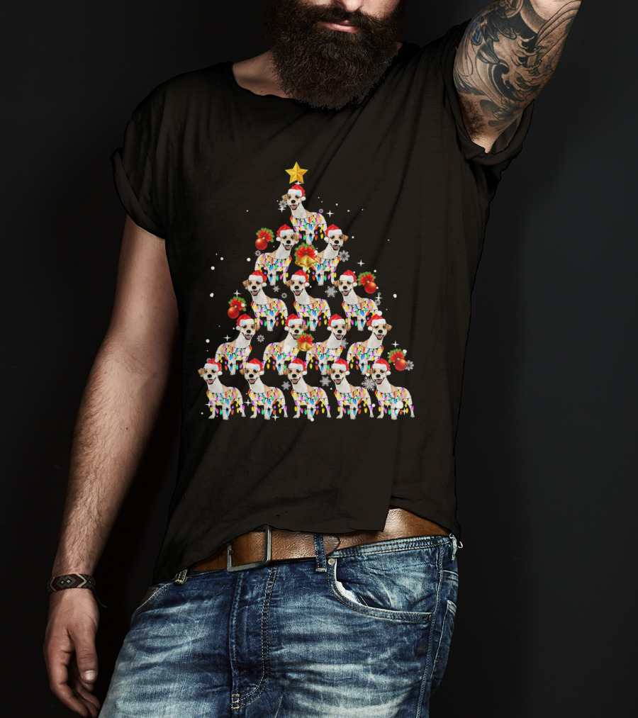 Jack Russell Dog With Santa Hat And Christmas Lights In Tree Shape With Star Decoration T-Shirt