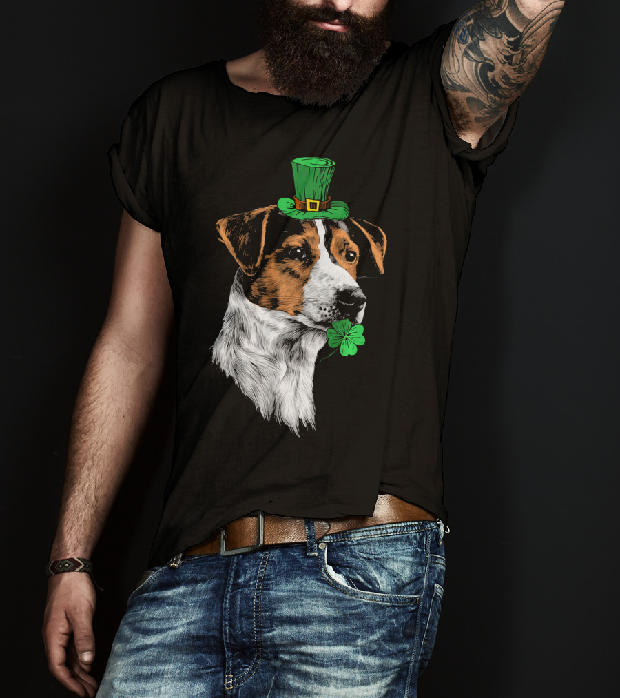 Jack Russell Terrier With Leprechaun Hat And Shamrock St Patrick's Day T-Shirt