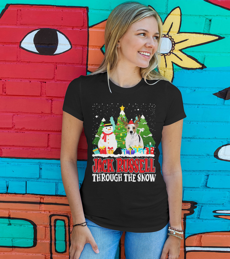 Jack Russell Through The Snow Christmas Reindeer Hat Snowman Trees Gifts T-Shirt