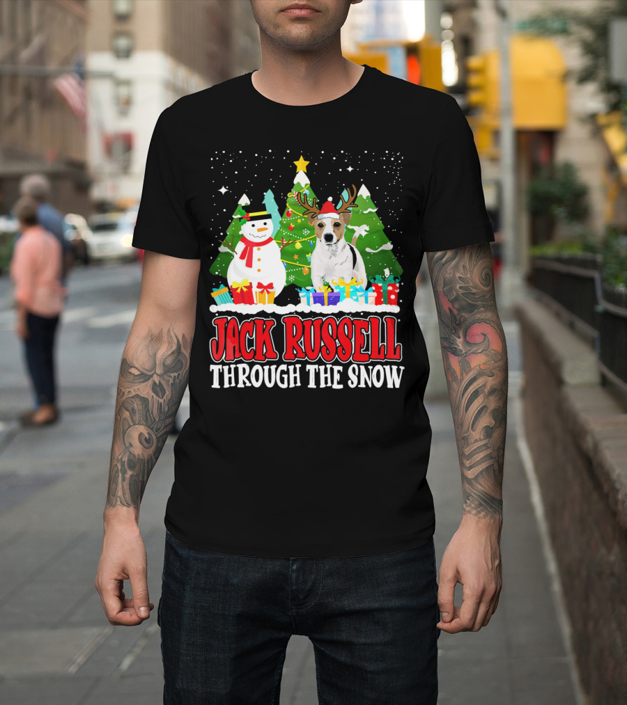 Jack Russell Through The Snow Christmas Reindeer Hat Snowman Trees Gifts T-Shirt