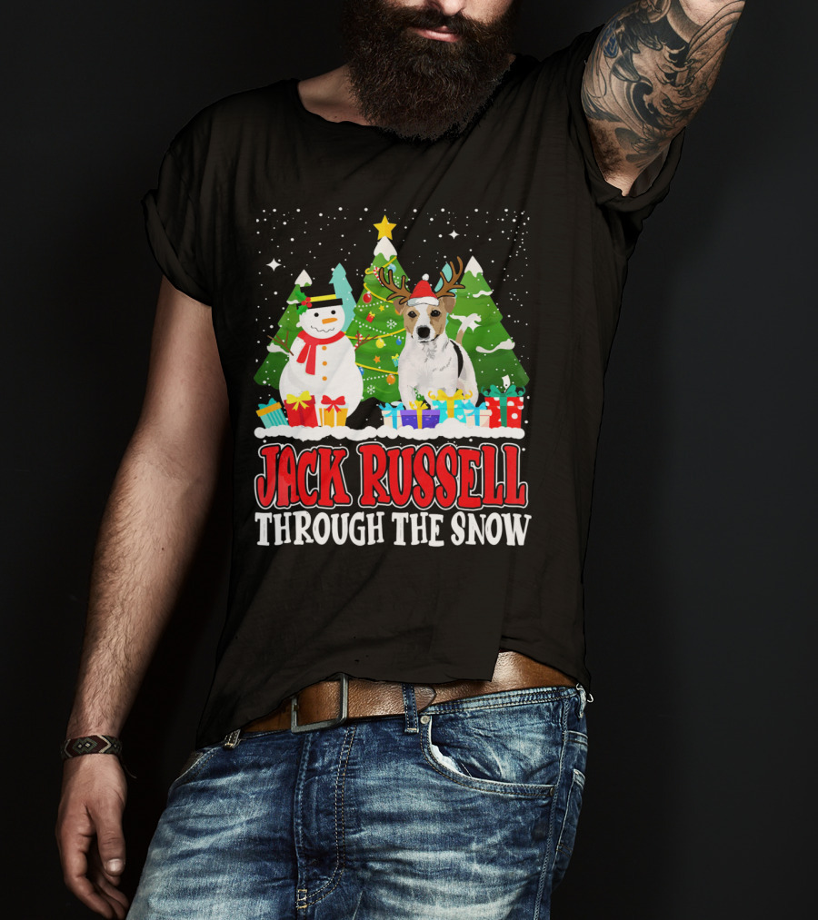 Jack Russell Through The Snow Christmas Reindeer Hat Snowman Trees Gifts T-Shirt