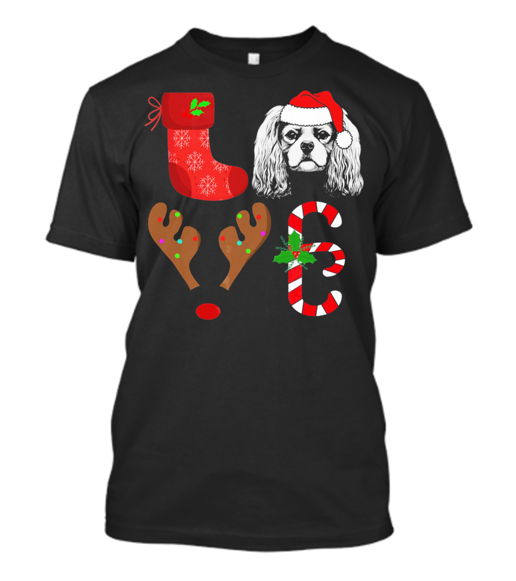Love Cavalier King Charles Spaniel Santa Reindeer Candy Cane Stocking T-Shirt