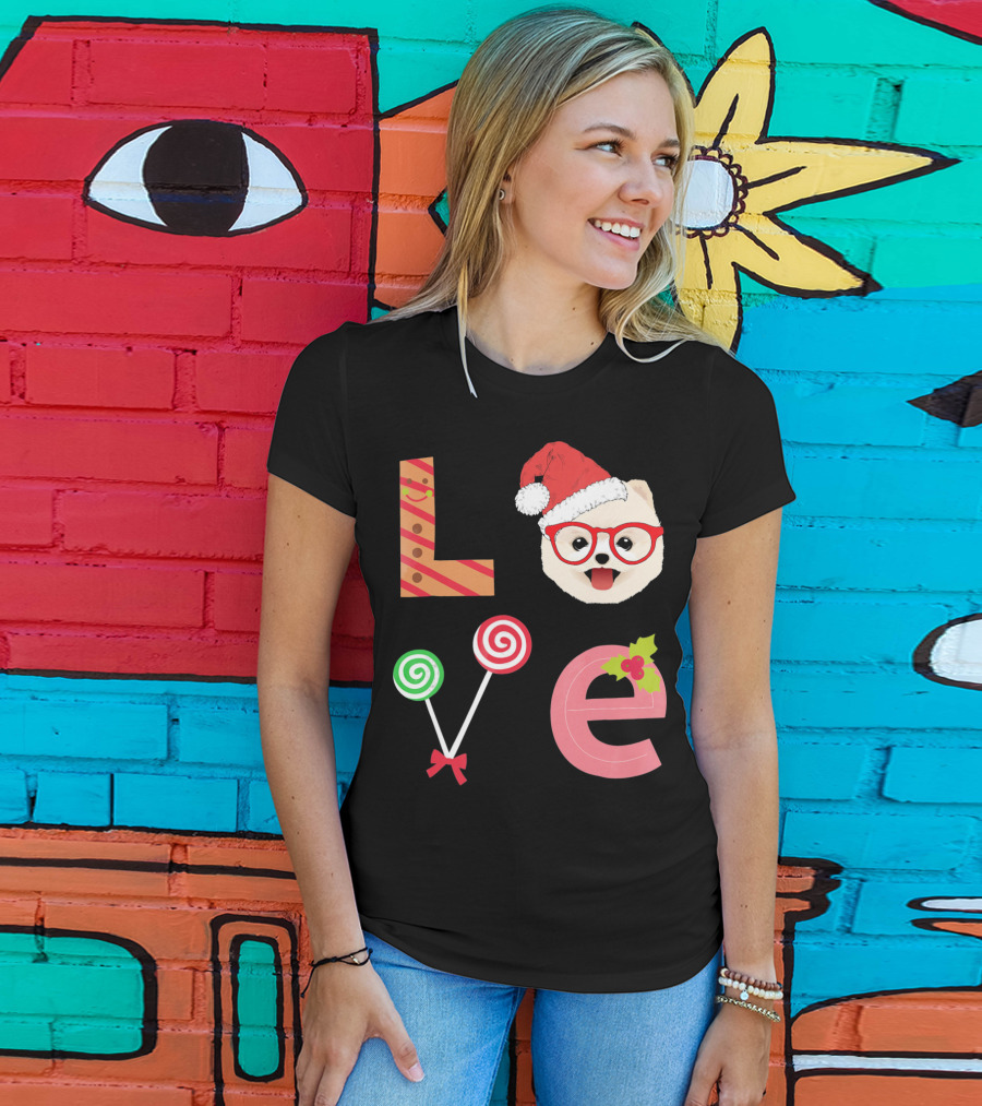 Love Pomeranian Santa Christmas Dog Candy Cane Glasses T-Shirt