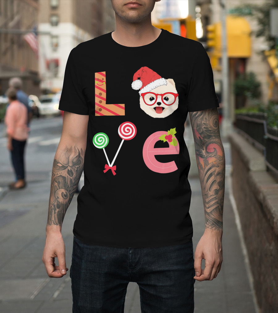 Love Pomeranian Santa Christmas Dog Candy Cane Glasses T-Shirt
