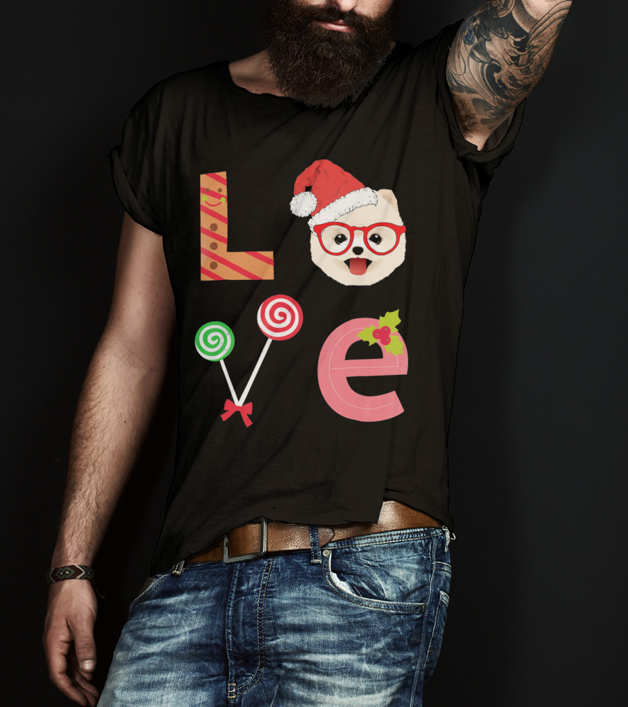 Love Pomeranian Santa Christmas Dog Candy Cane Glasses T-Shirt