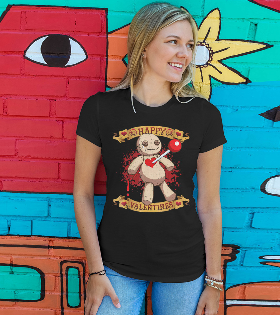 Happy Valentines Voodoo Doll With Heart And Lollipop Stabbing T-Shirt