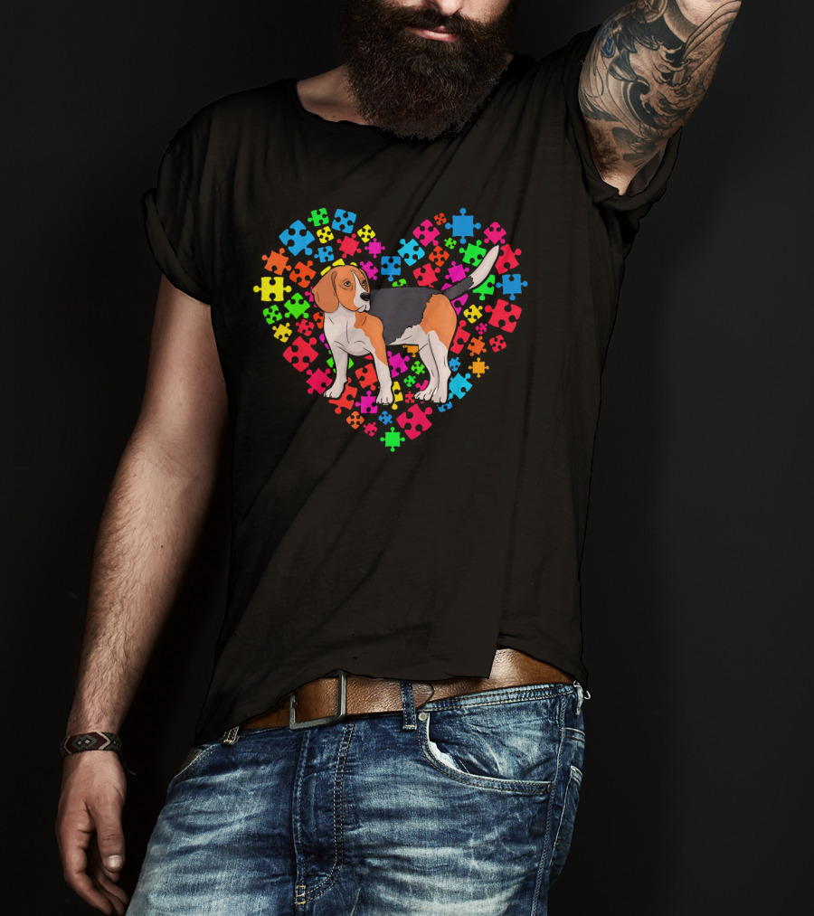 Autism Awareness Beagle Dog Colorful Puzzle Heart T-Shirt