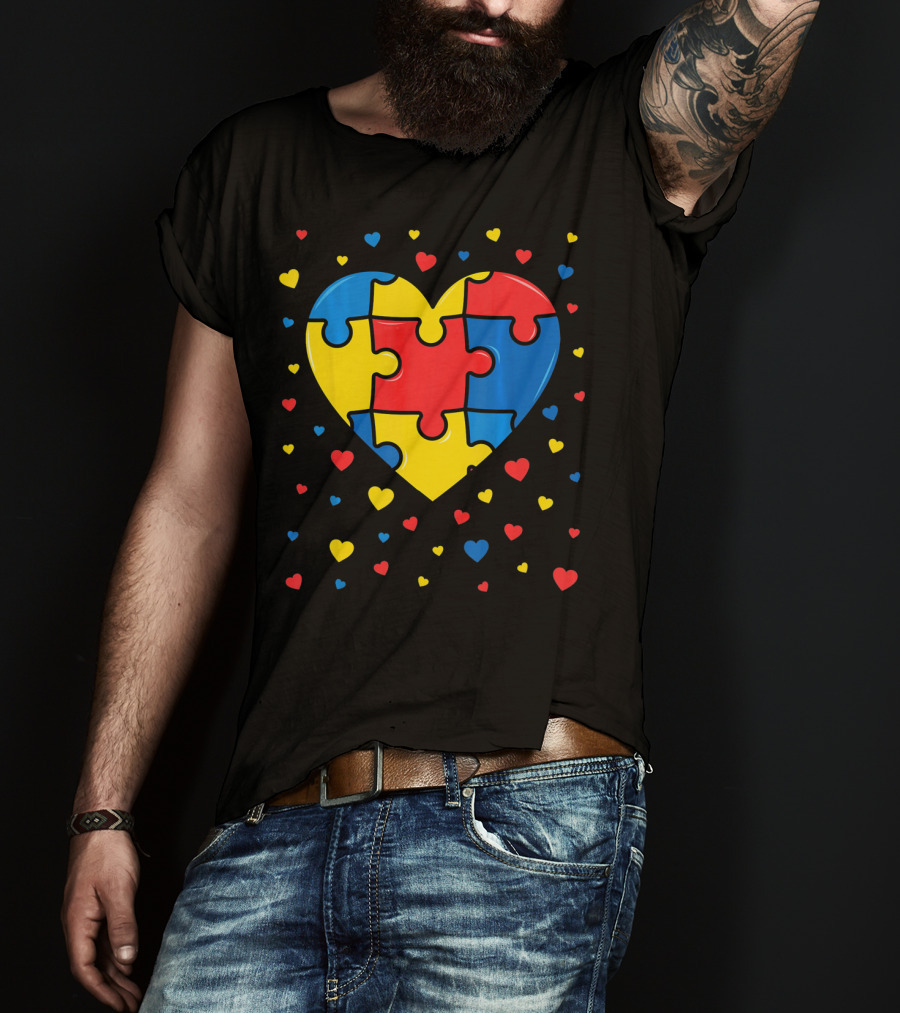 Autism Awareness Heart Puzzle Valentines Day Multicolor Love T-Shirt