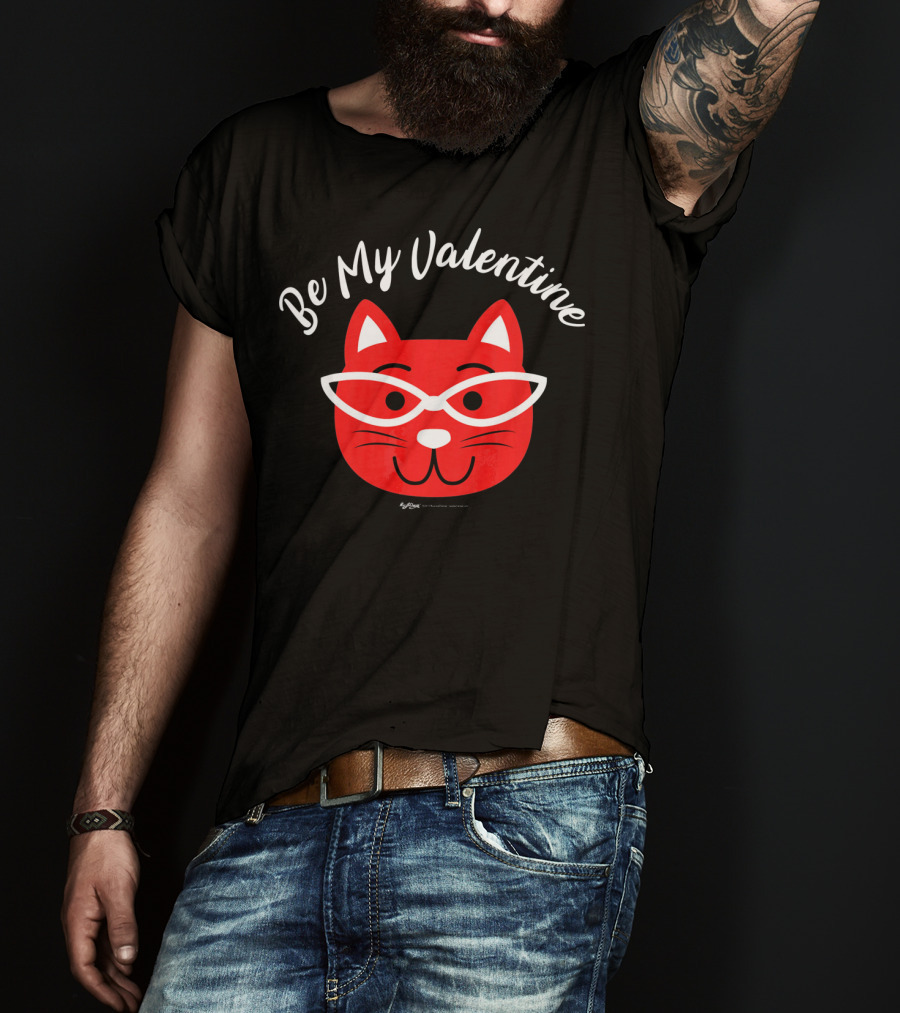 Be My Valentine Valentines Day Cat Drawing With Glasses T-Shirt