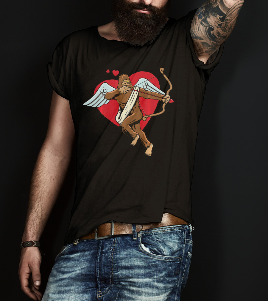 Bigfoot Cupid Eros Sasquatch Valentine With Wings And Bow T-Shirt