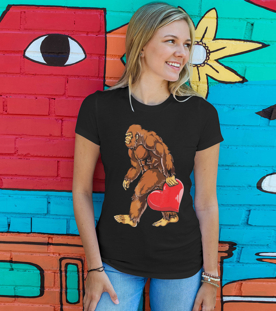 Bigfoot Holding A Red Heart For Funny Valentine's Day T-Shirt