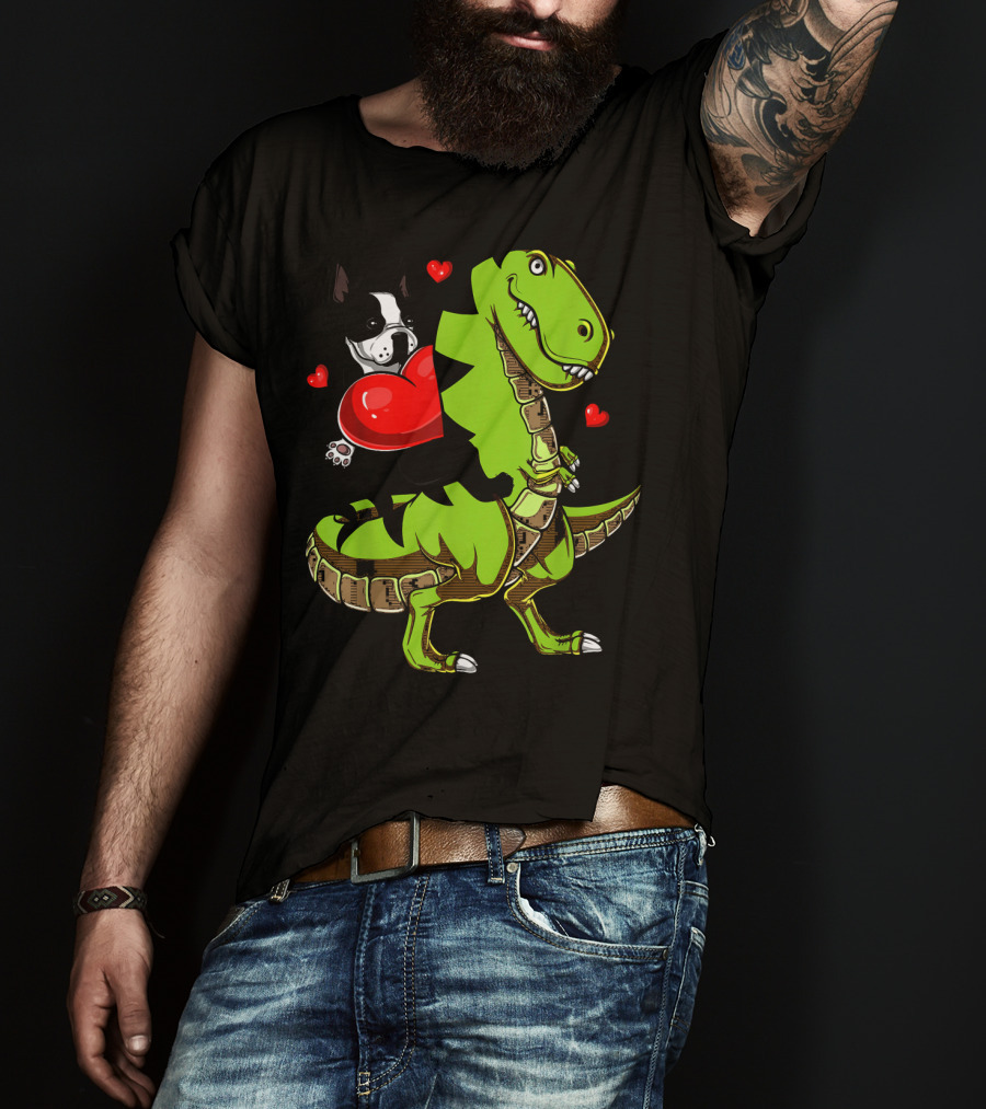 Boston Terrier With Red Hearts Riding A Green Rex Dinosaur T-Shirt