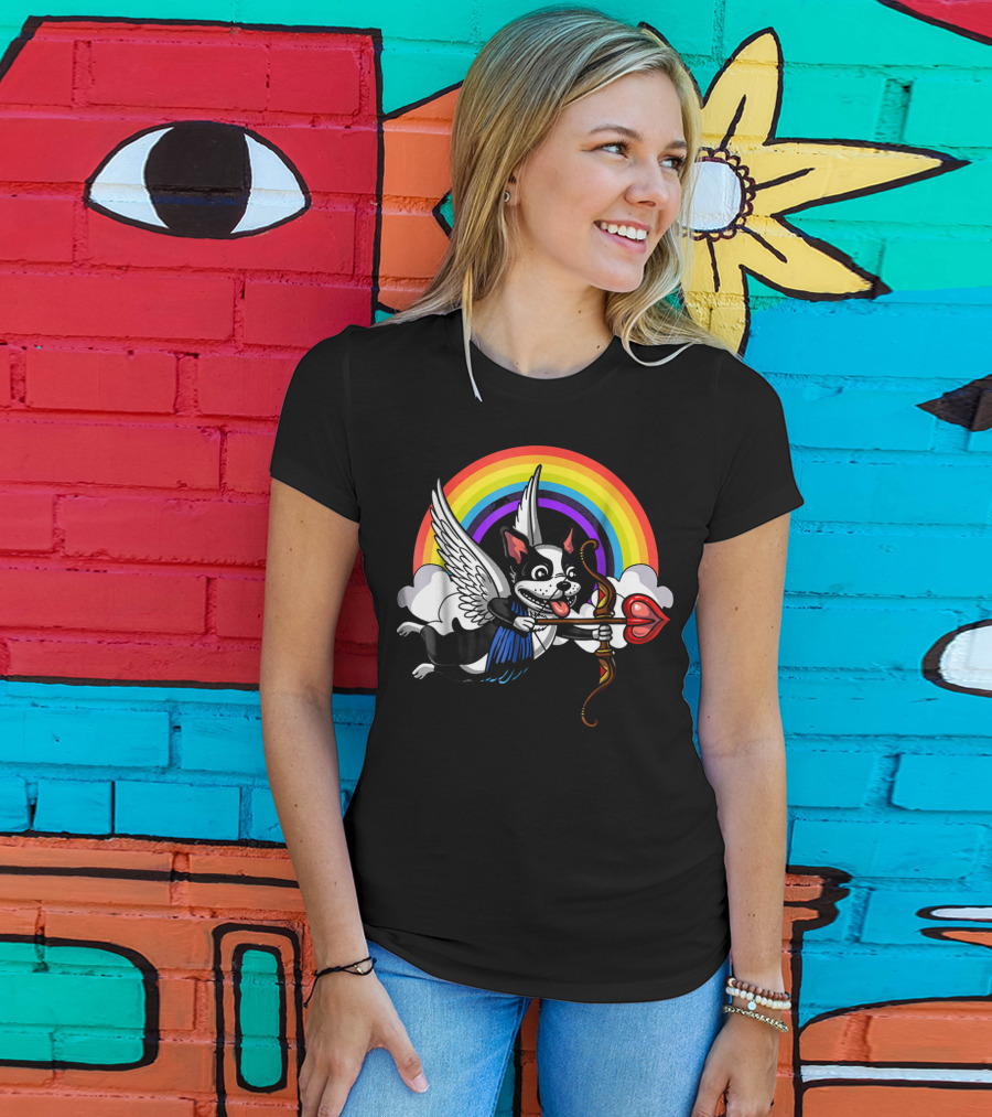 Boston Terrier Cupid Rainbow Valentine's Day T-Shirt