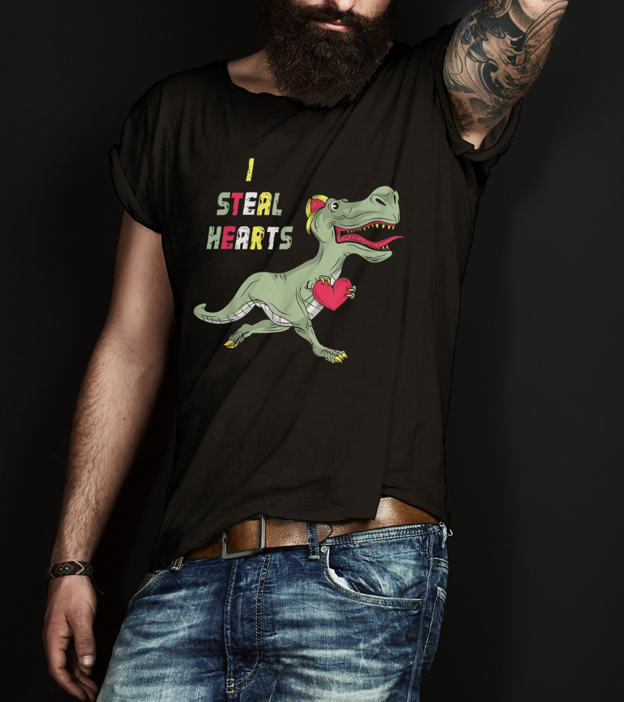 I Steal Hearts Dinosaur Holding Red Heart T-Shirt