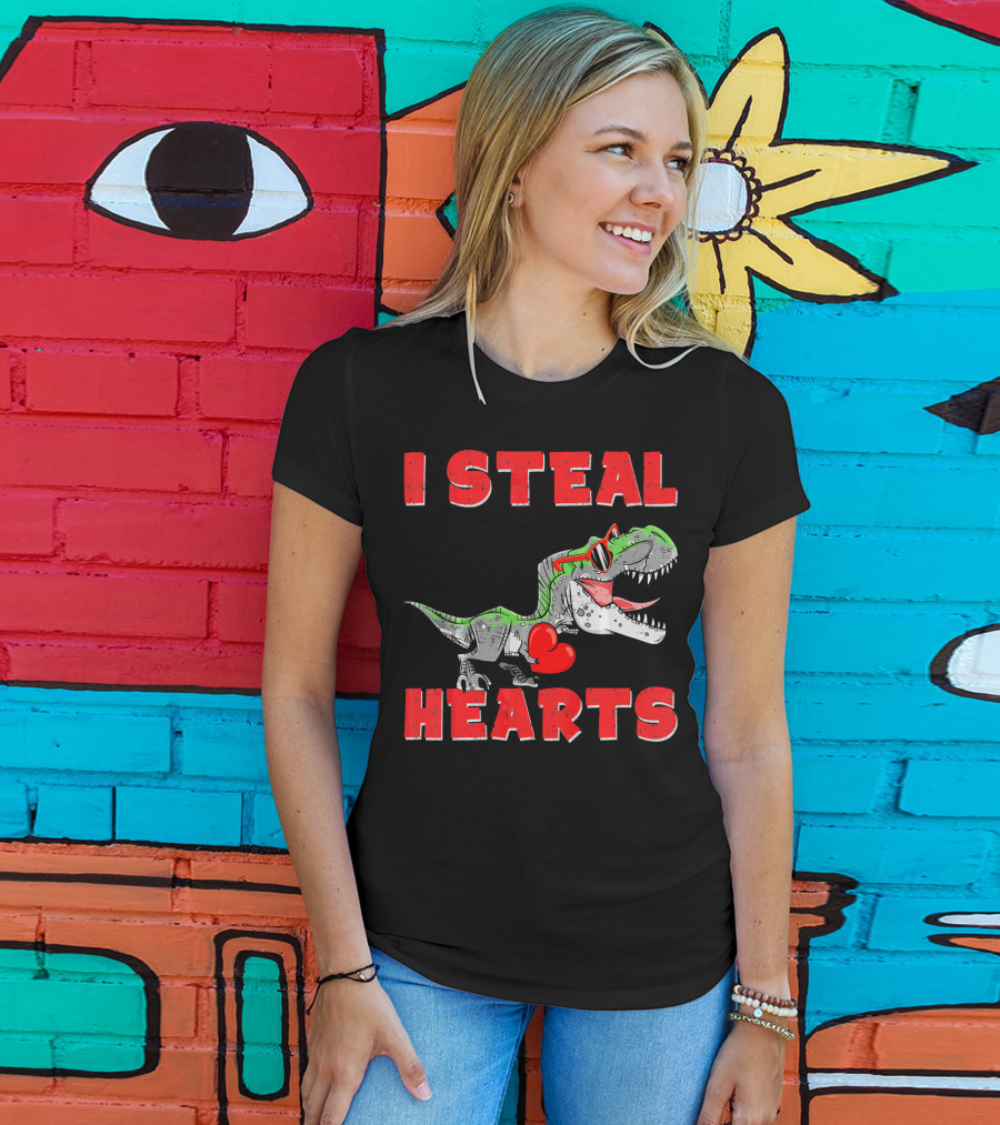 I Steal Hearts Boys Valentines Day Kids Dinosaur Trex T-Shirt