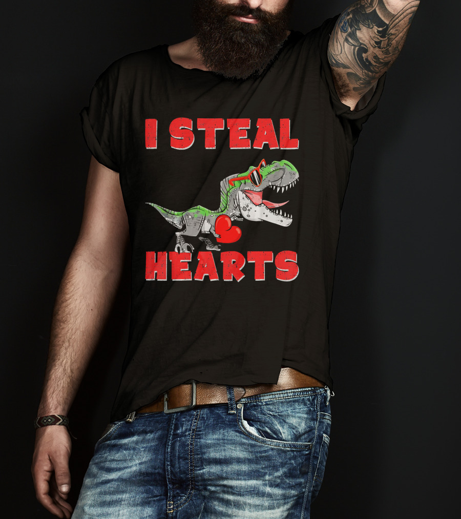 I Steal Hearts Boys Valentines Day Kids Dinosaur Trex T-Shirt