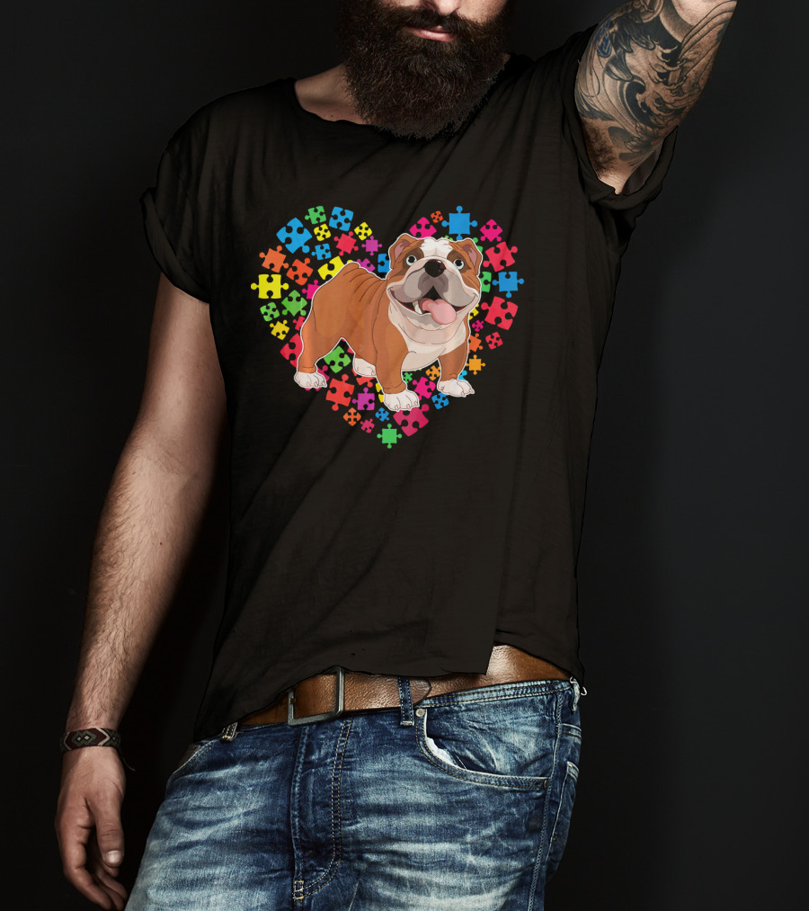 Bulldog Valentine Heart With Colorful Puzzle Pieces Background T-Shirt
