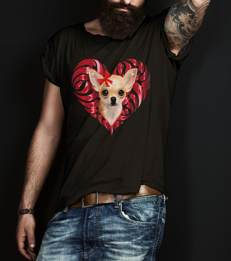 Chihuahua Dog Valentine Heart With Bow And Swirls T-Shirt