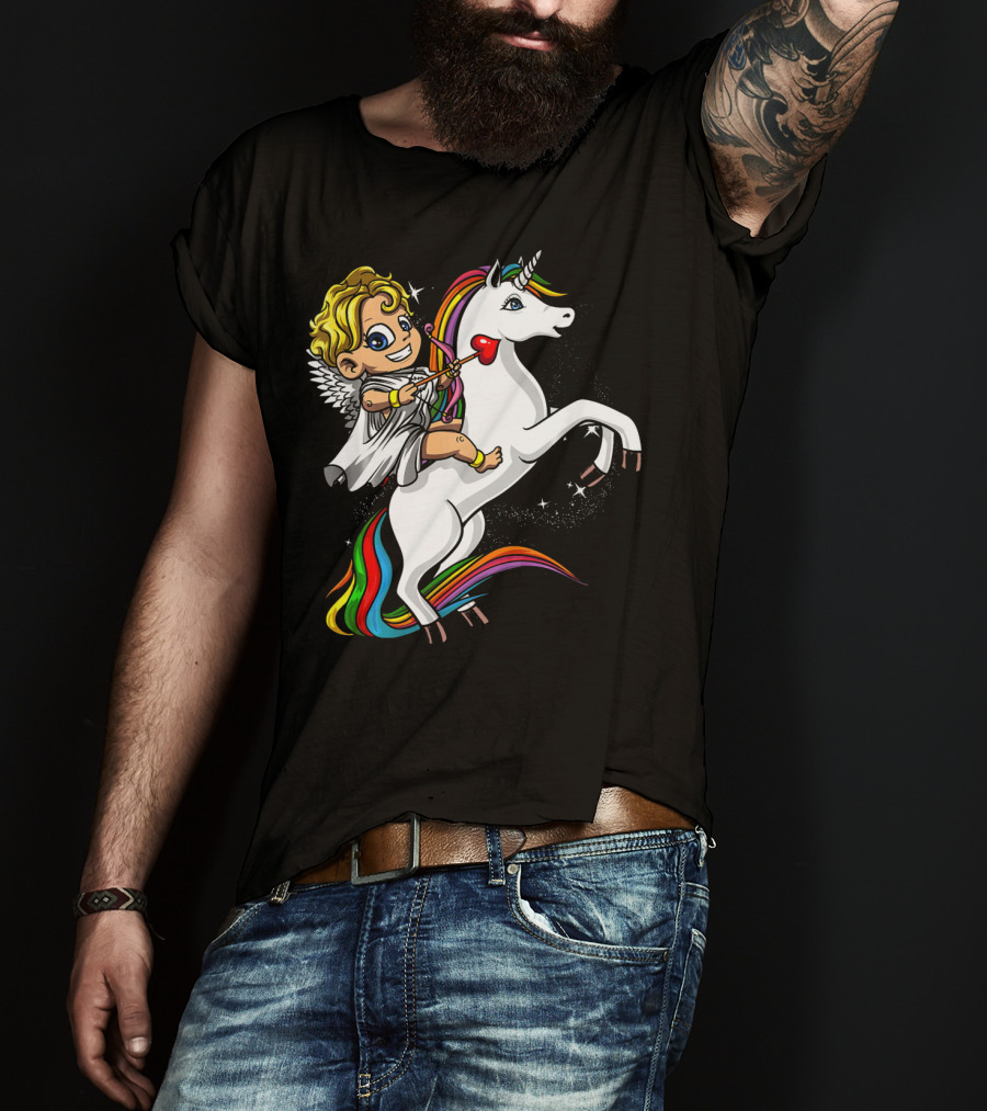 Cupid Riding Colorful Unicorn Valentines Day Magic T-Shirt