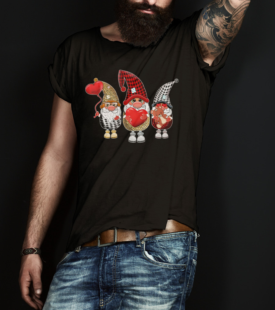 Cute Gnomes With Leopard And Buffalo Plaid Hearts T-Shirt