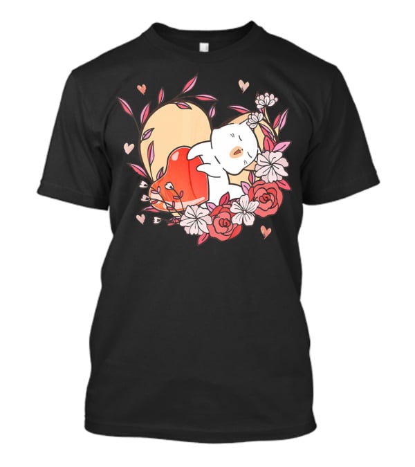Cute Kawaii Cat Hugging Heart Surrounded By Valentines Day Flowers T-Shirt