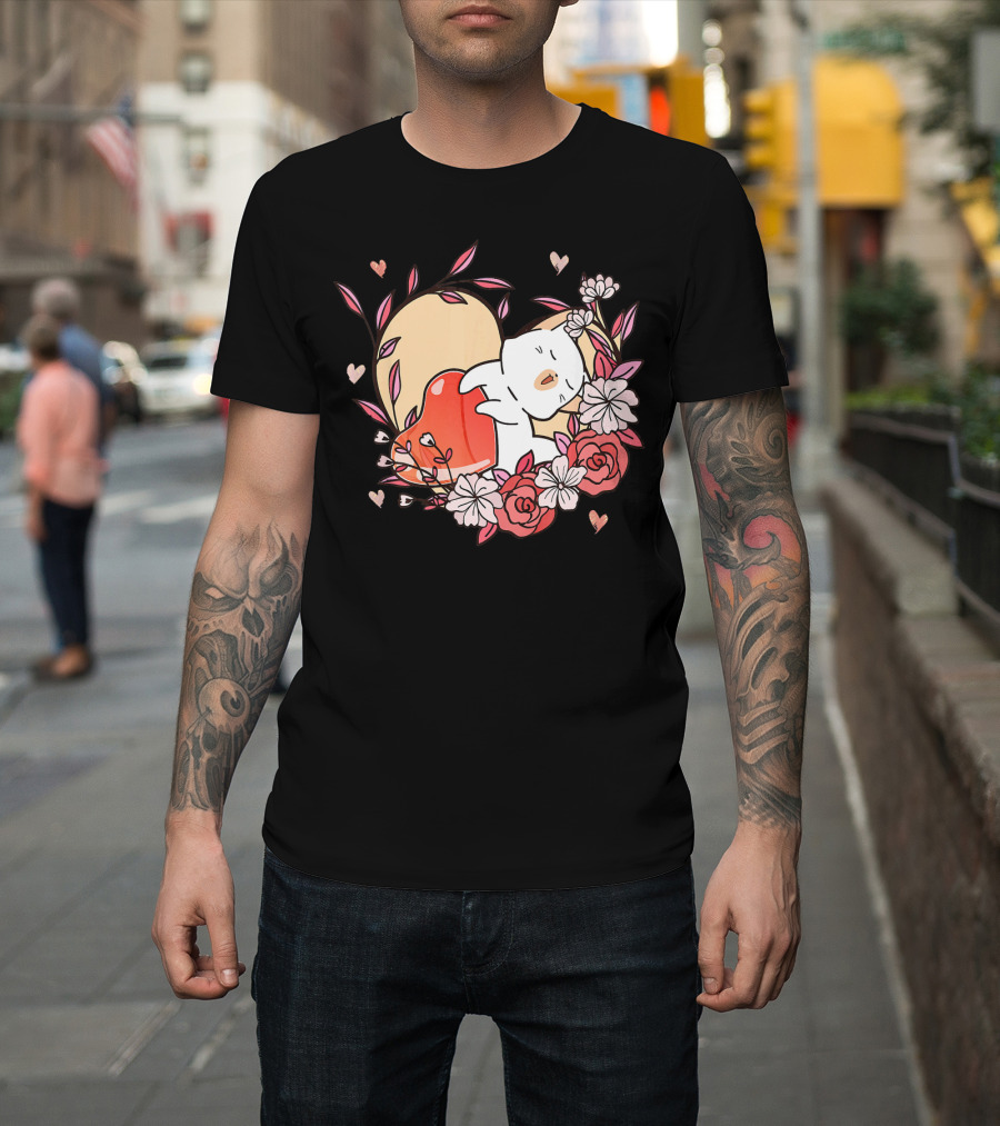 Cute Kawaii Cat Hugging Heart Surrounded By Valentines Day Flowers T-Shirt