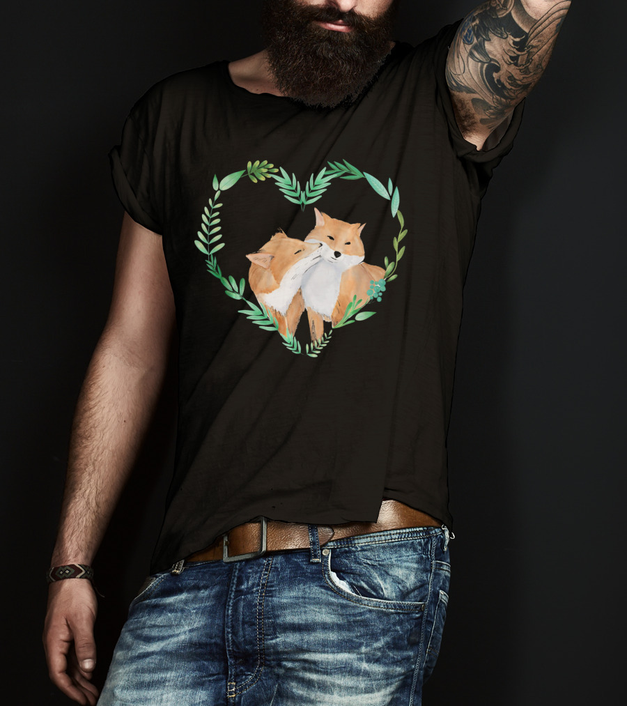 Cute Love Foxes Valentines Day Heart Greenery T-Shirt