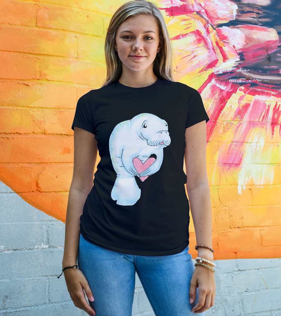 Manatee Holding Heart Valentines Day T-Shirt