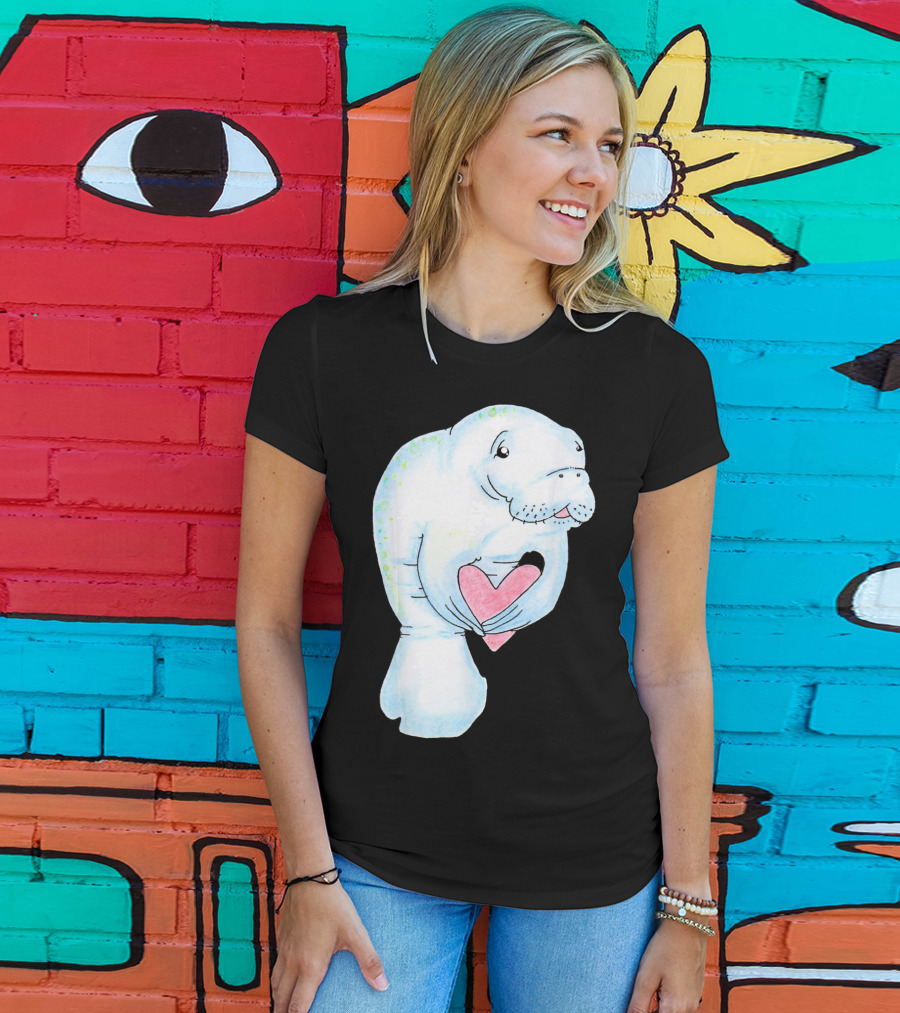 Manatee Holding Heart Valentines Day T-Shirt