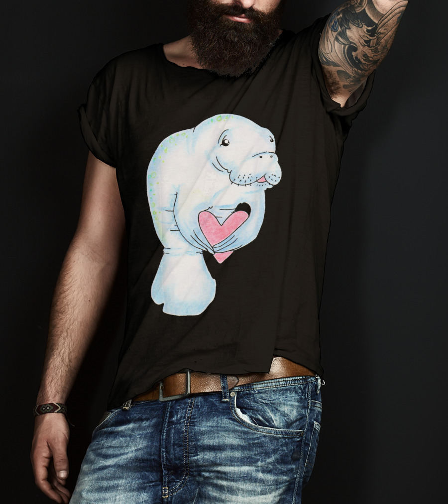 Manatee Holding Heart Valentines Day T-Shirt