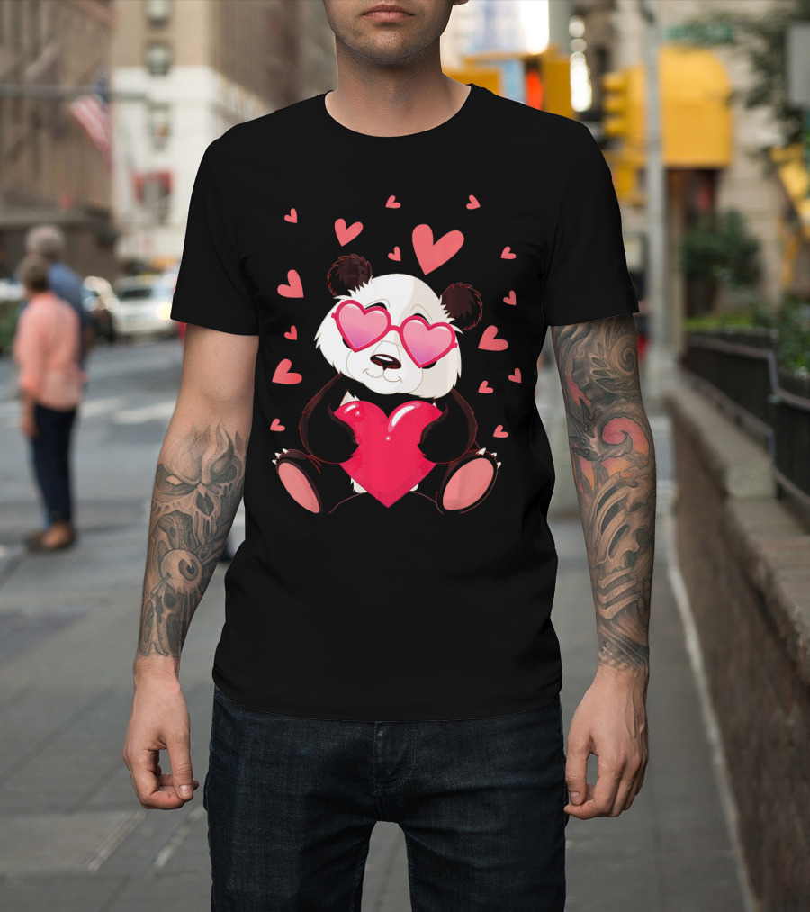 Cute Panda With Heart Glasses Valentines Day T-Shirt