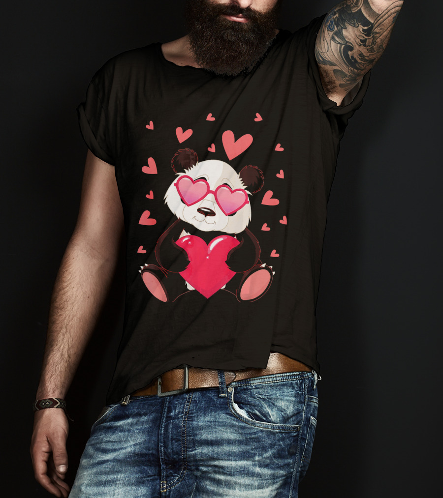 Cute Panda With Heart Glasses Valentines Day T-Shirt