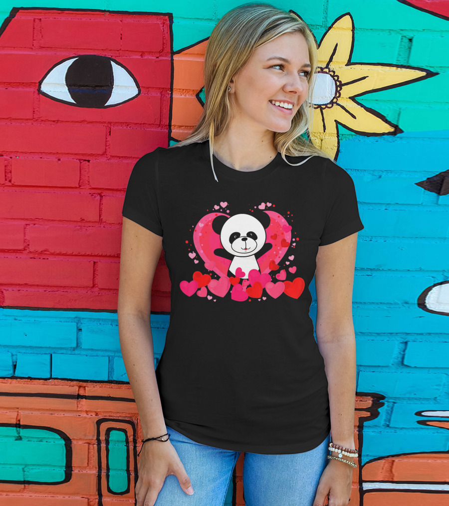 Cute Panda Surrounded By Pink And Red Hearts With Large Heart Background T-Shirt