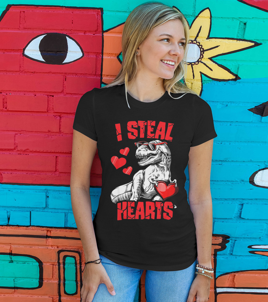 I Steal Hearts Boys Valentines Day Kids Dinosaur T-Shirt
