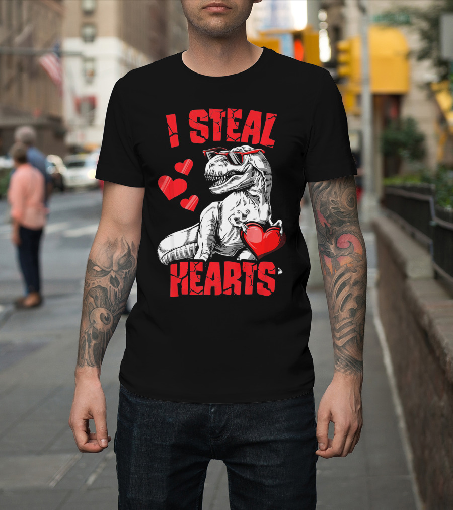 I Steal Hearts Boys Valentines Day Kids Dinosaur T-Shirt