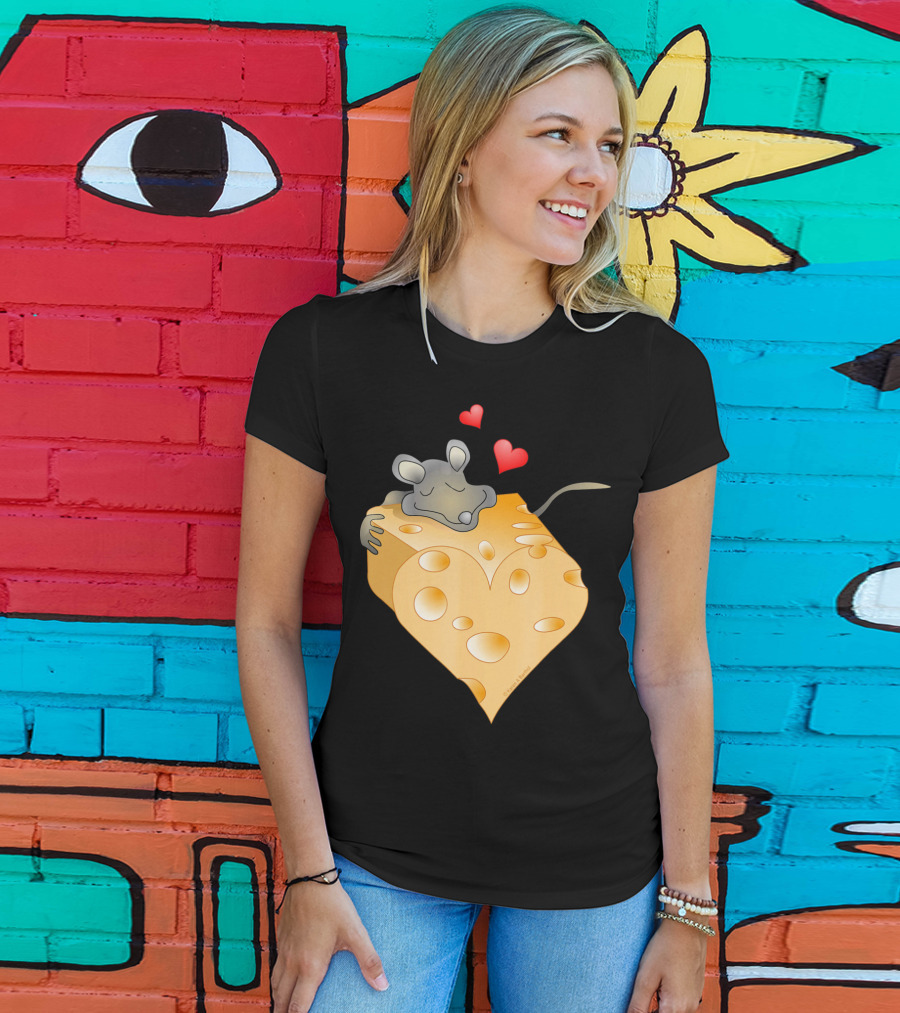 Cheesy Valentine Funny Dairy Heart Mouse Hugging Cheese T-Shirt