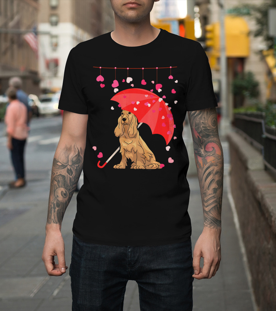 Cocker Spaniel Under Red Umbrella With Falling Hearts Valentines T-Shirt