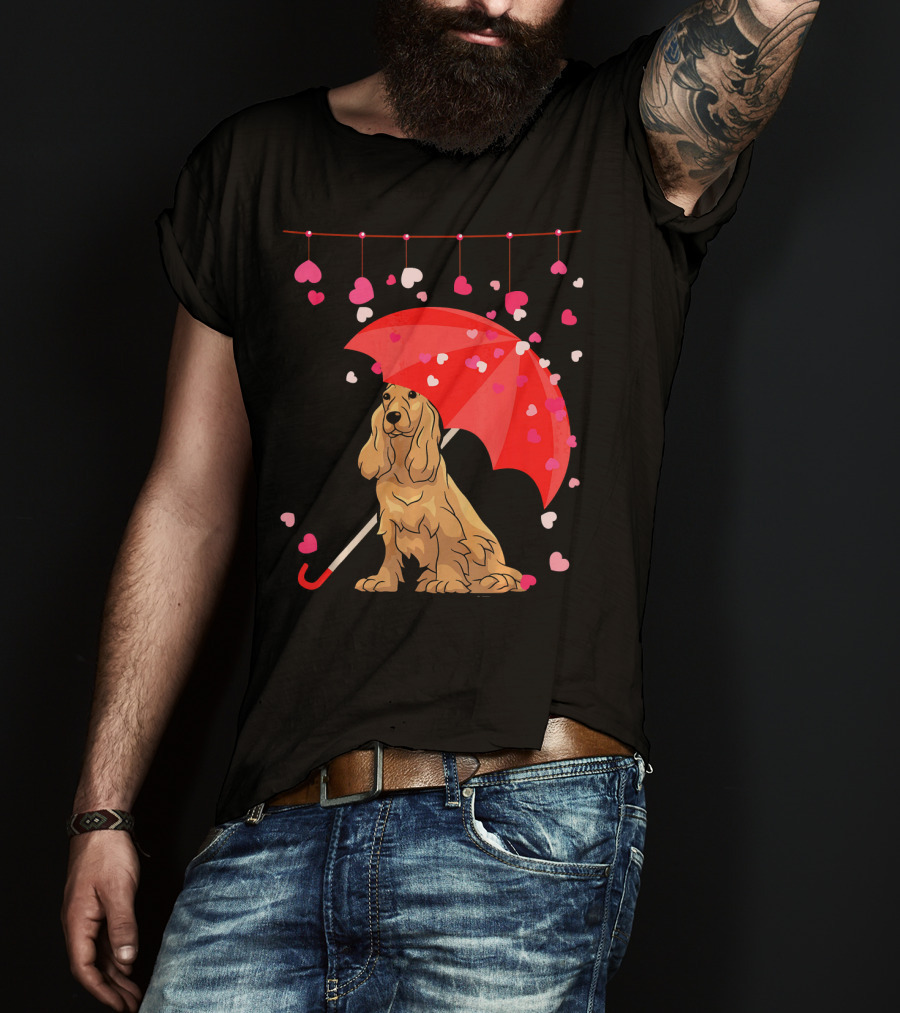 Cocker Spaniel Under Red Umbrella With Falling Hearts Valentines T-Shirt