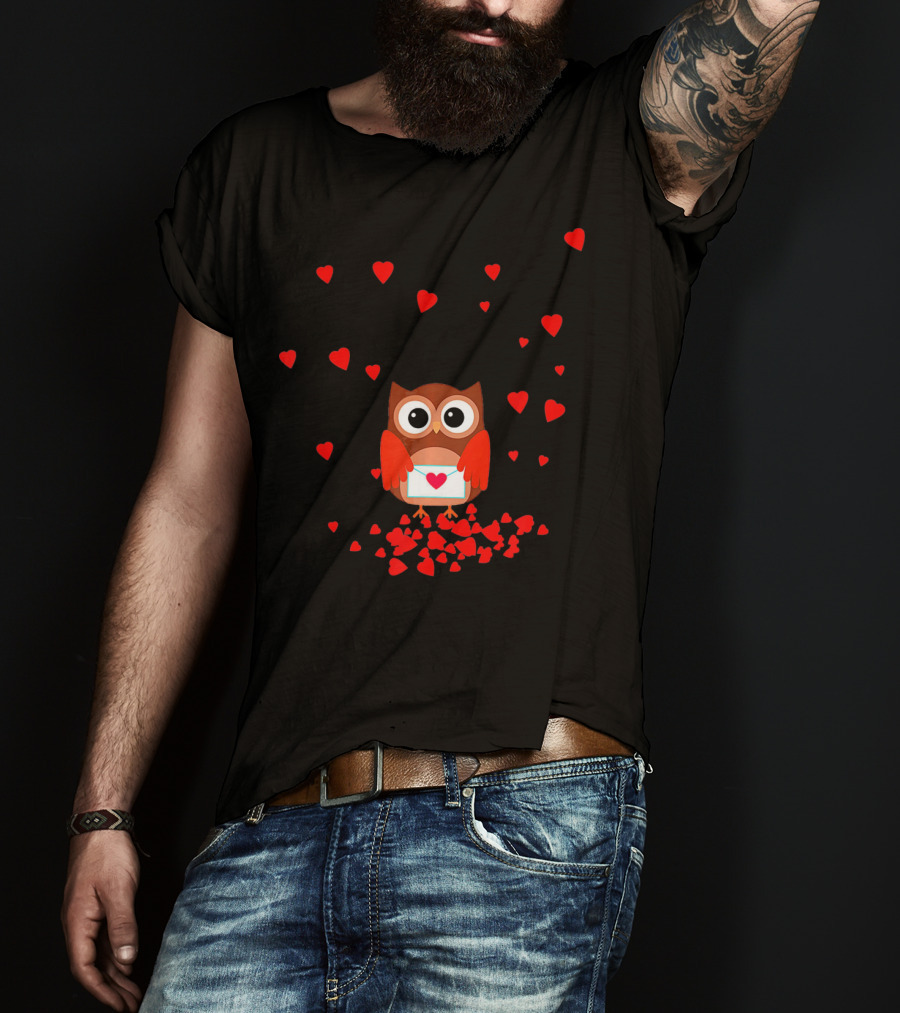 Valentine Owl Holding Love Letter Surrounded By Hearts T-Shirt
